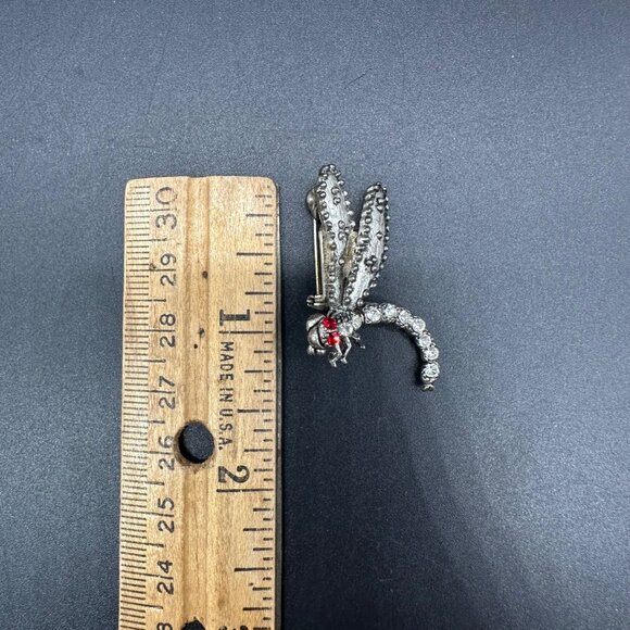 Vintage Dragonfly Rhinestone Brooch Pin Red Eyes Bug Insect Silver Toned - Picture 7 of 8